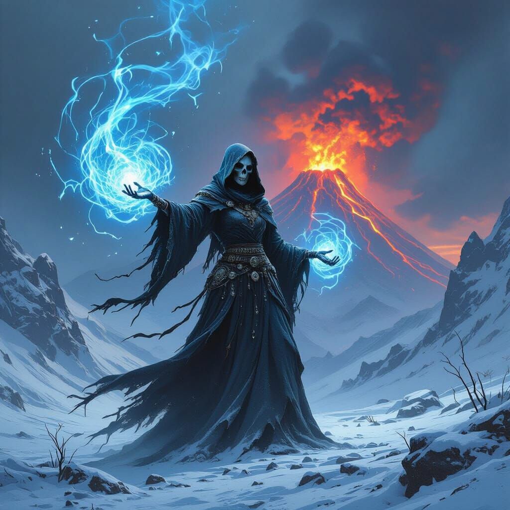 Skeletal Sorceress Conjures Magic Amidst Snowy Peaks and Vol...