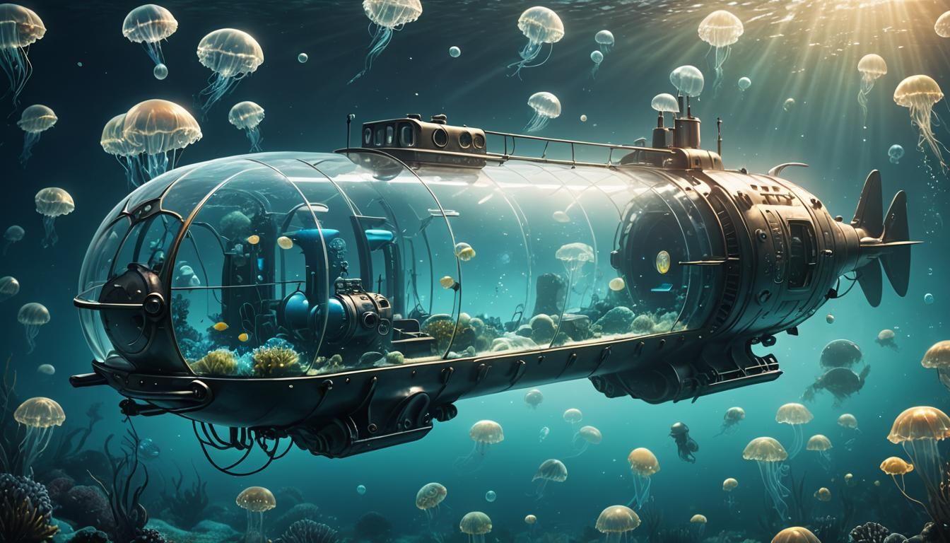 Glowing Glass Submarine Surrounded by Jellyfish