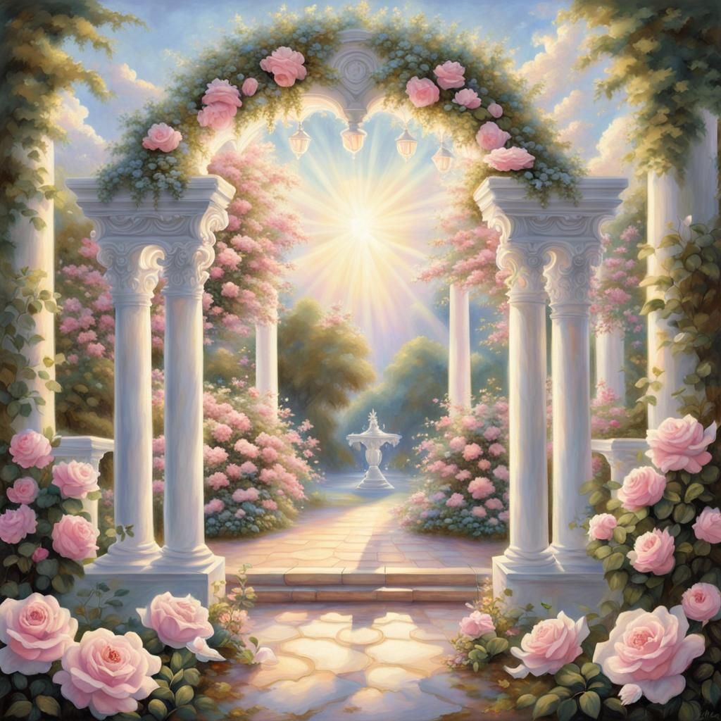 Romantic Rose Garden with Doves in Kinkade Style