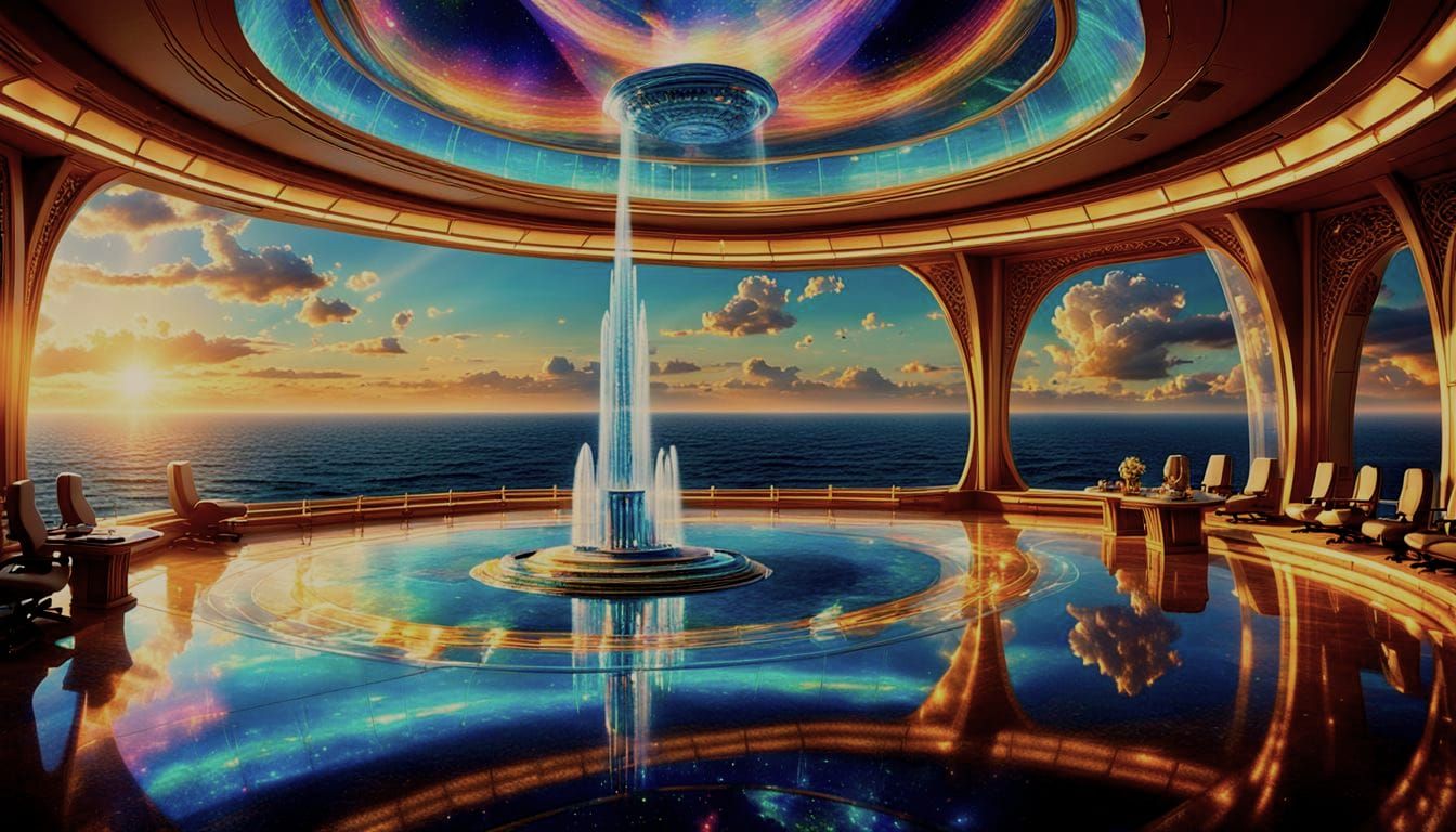 Galactic Council Chambers: Futuristic Holographic Cityscape