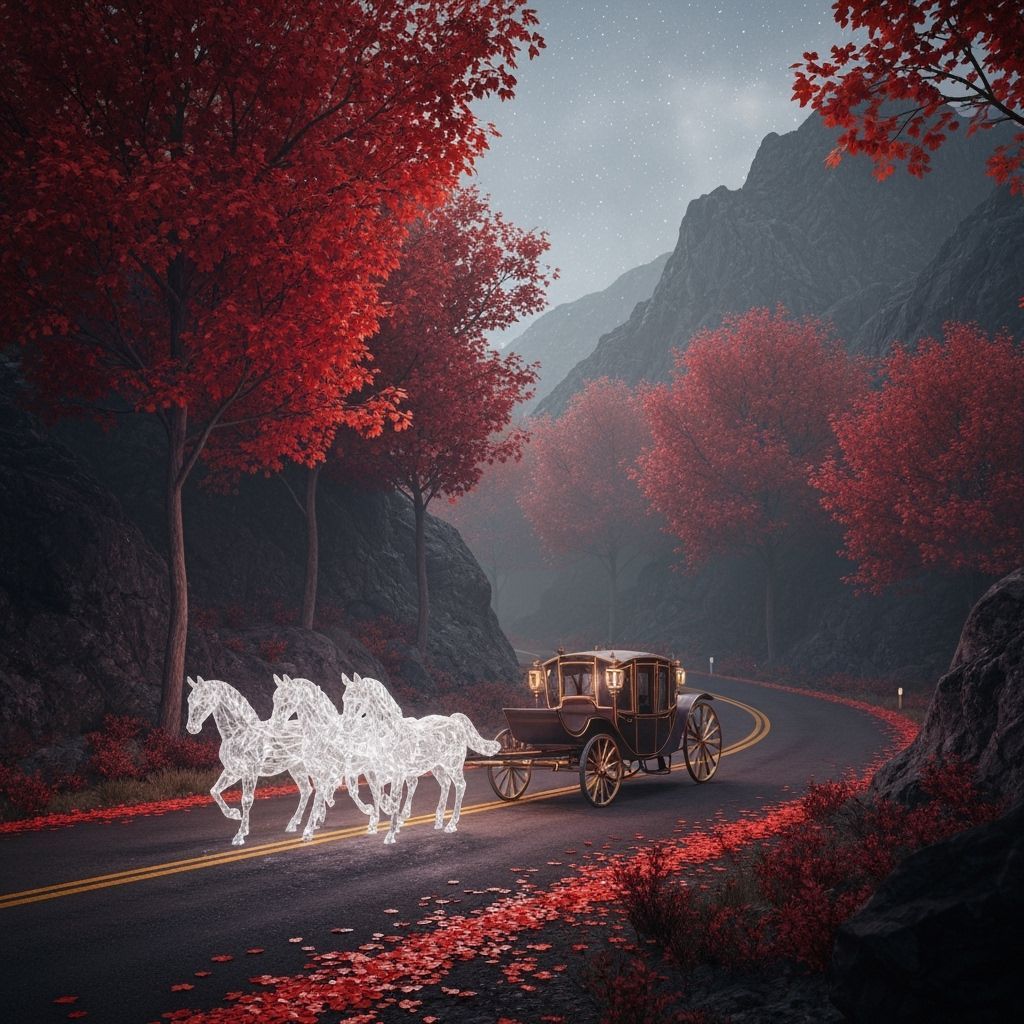 Crystal Horses Guide Carriage Through Bioluminescent Forest