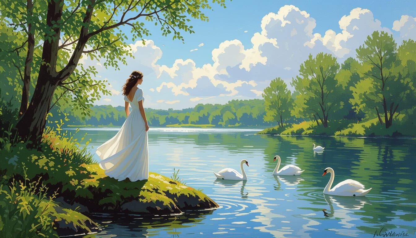 Woman by Lake with Swans in Impressionist Style