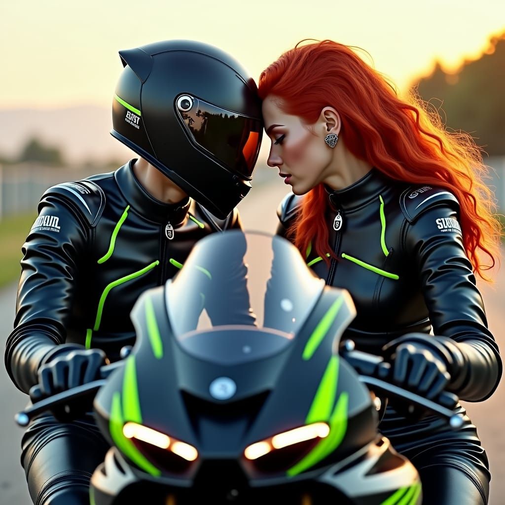 Hyperrealistic Biker Couple on Sport Motorcycle