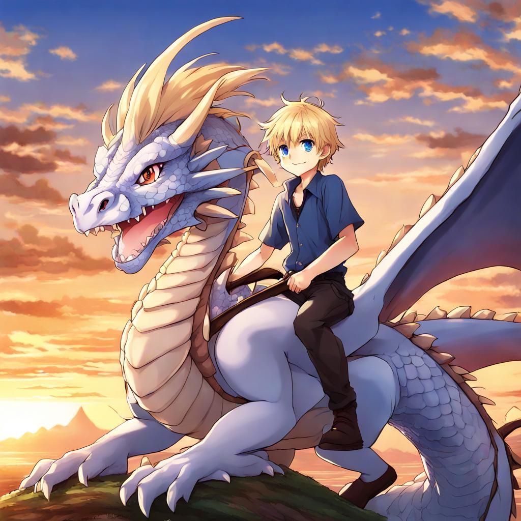 Boy Rides Dragon at Sunset in Anime Style