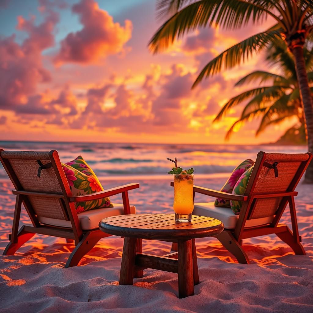 Tropical Beach Sunset Cocktail in Hyperrealistic Style