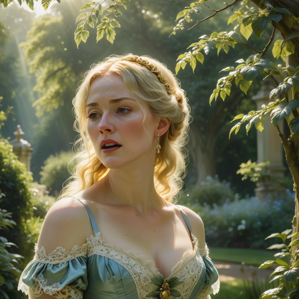 Regency Lady's Pain in Sunlit English Garden