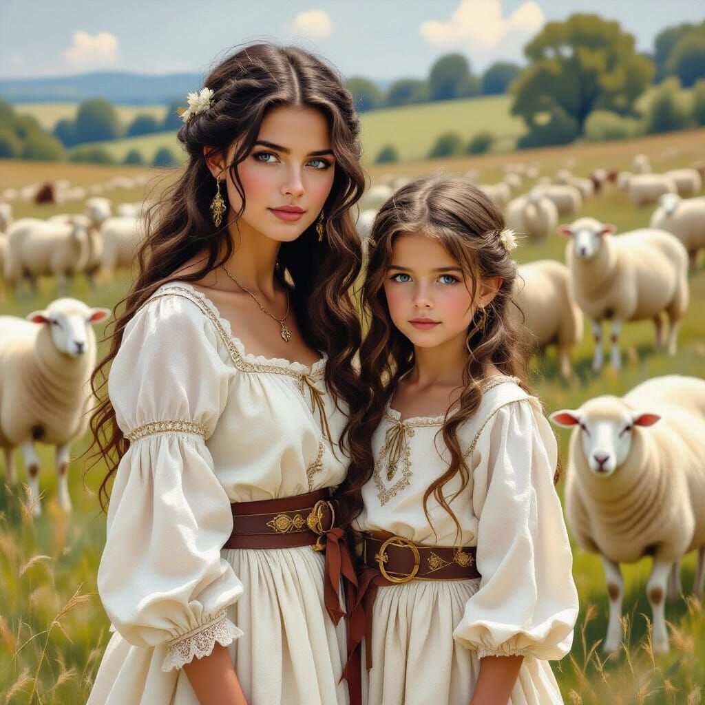 Medieval Mother and Daughter in Pre-Raphaelite Style