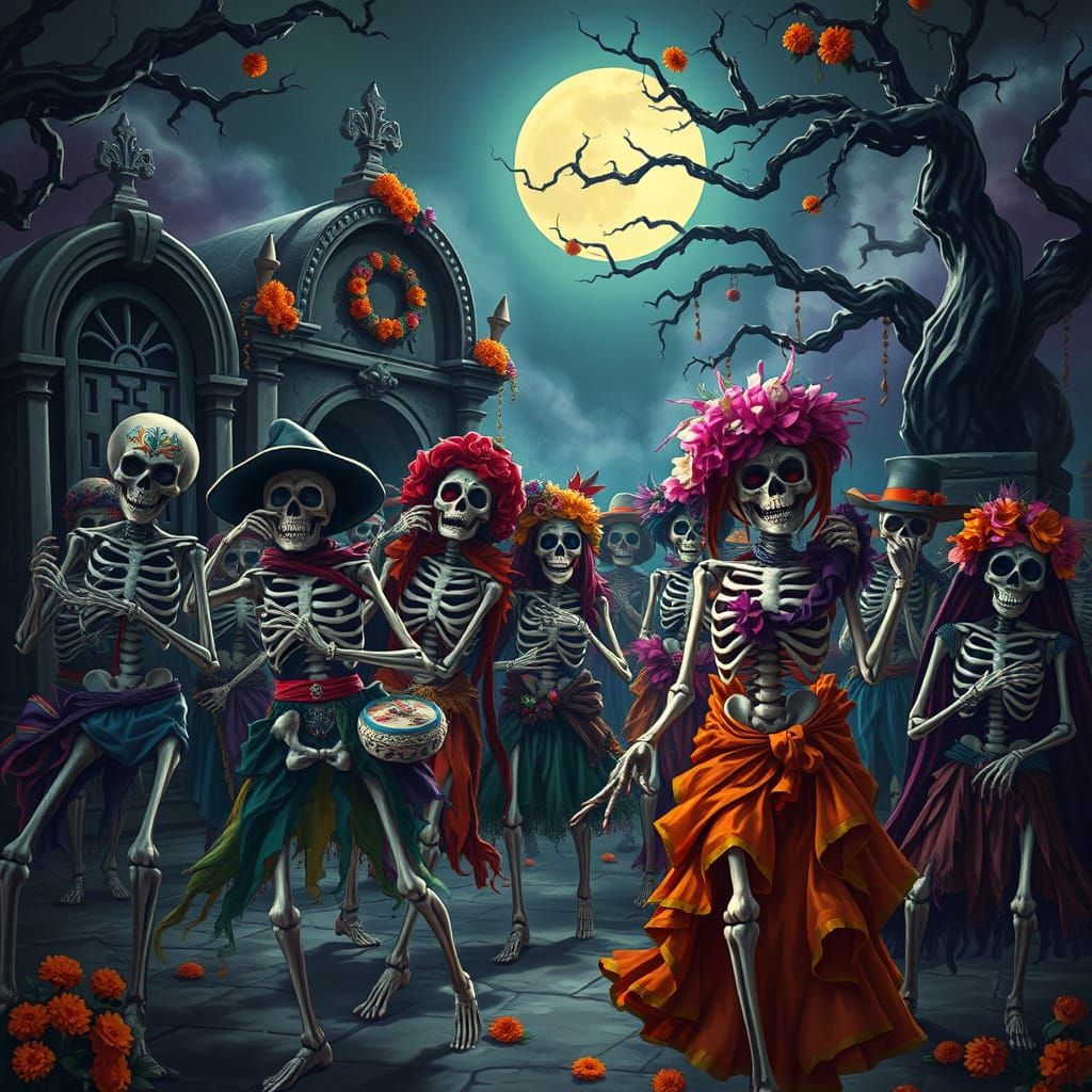 Vibrant Day of the Dead Celebration in a Mystical Realm