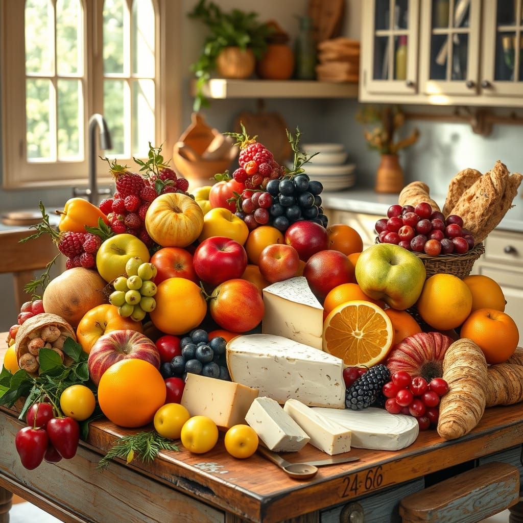 Vibrant Still Life of Fresh Fruits, Cheeses, and Breads on D...