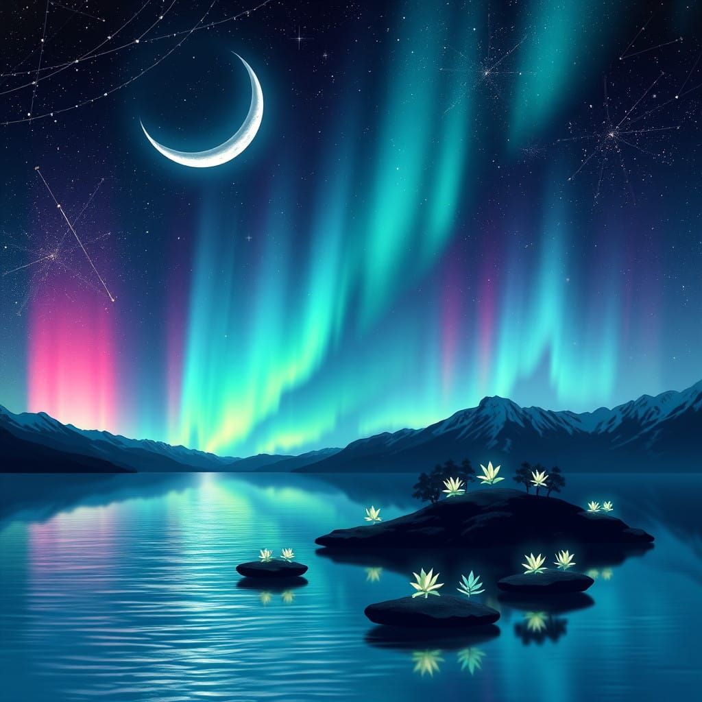 Ethereal Nighttime Scene with Bioluminescent Plants and Gala...