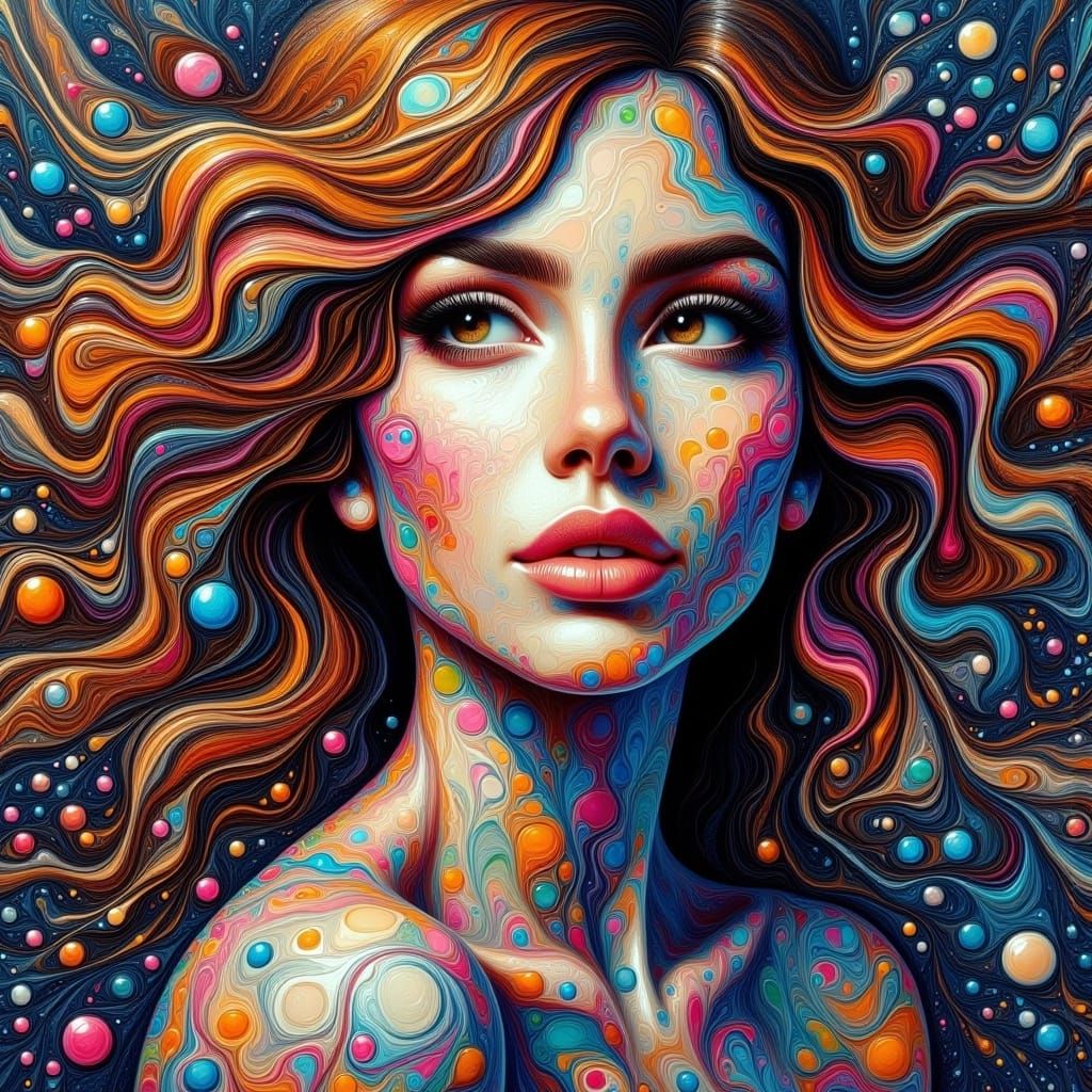 Psychedelic Fluid Art Portrait of Freckled Woman