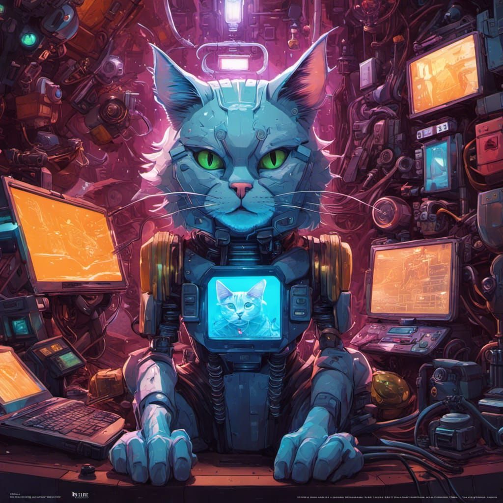 Android cyberpunk cat as navigator sitting in transformer bubblehead robot head, surrounded by futuristic gadgets and bu...