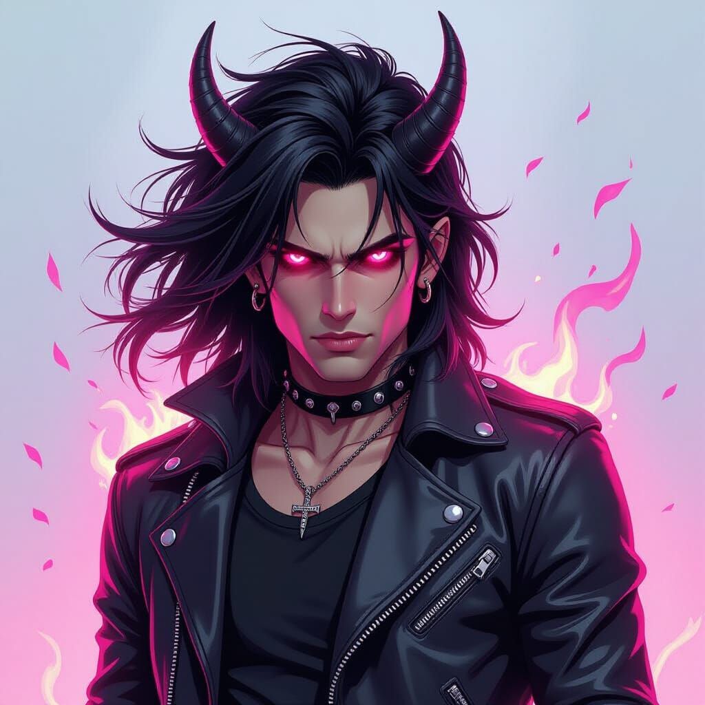 Rockstar Demon with Pink Flames in Comic Art Style