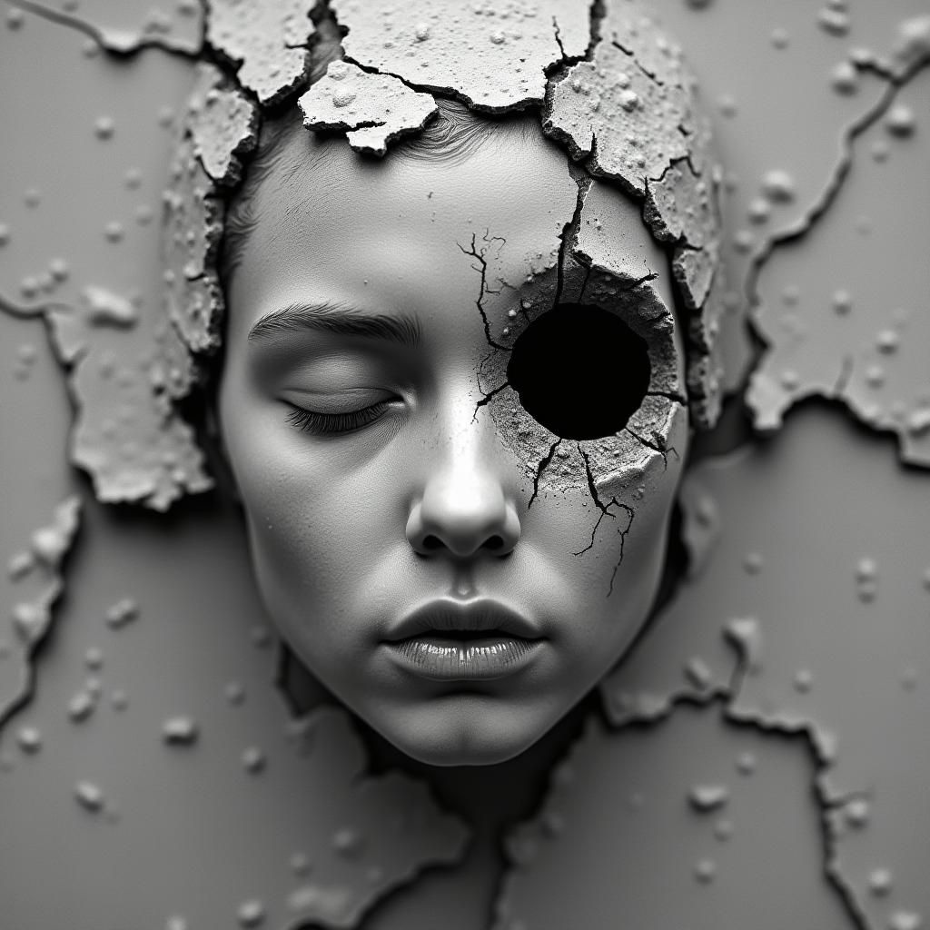 Gritty Grayscale Face Blending Into Decayed Surface