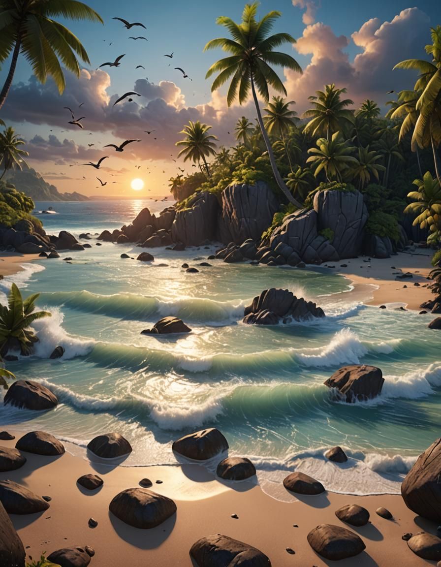 Sunset Beach with Birds: Detailed Matte Painting