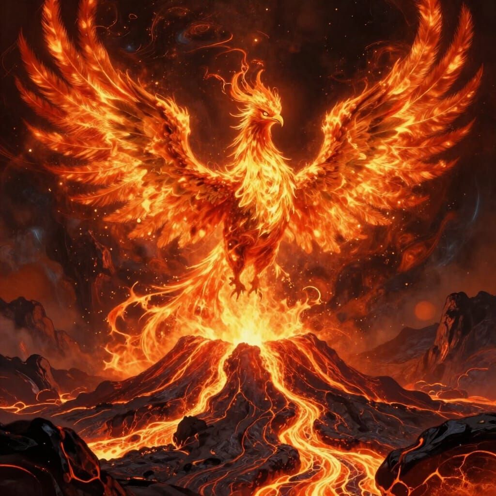 Majestic Phoenix Rises from Volcanic Eruption in Digital Pai...