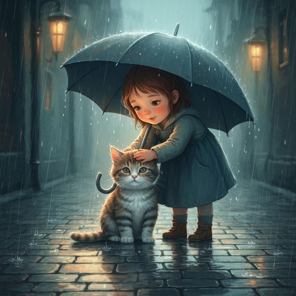 Whimsical Girl Protects Kitten From Rain in Storybook Art