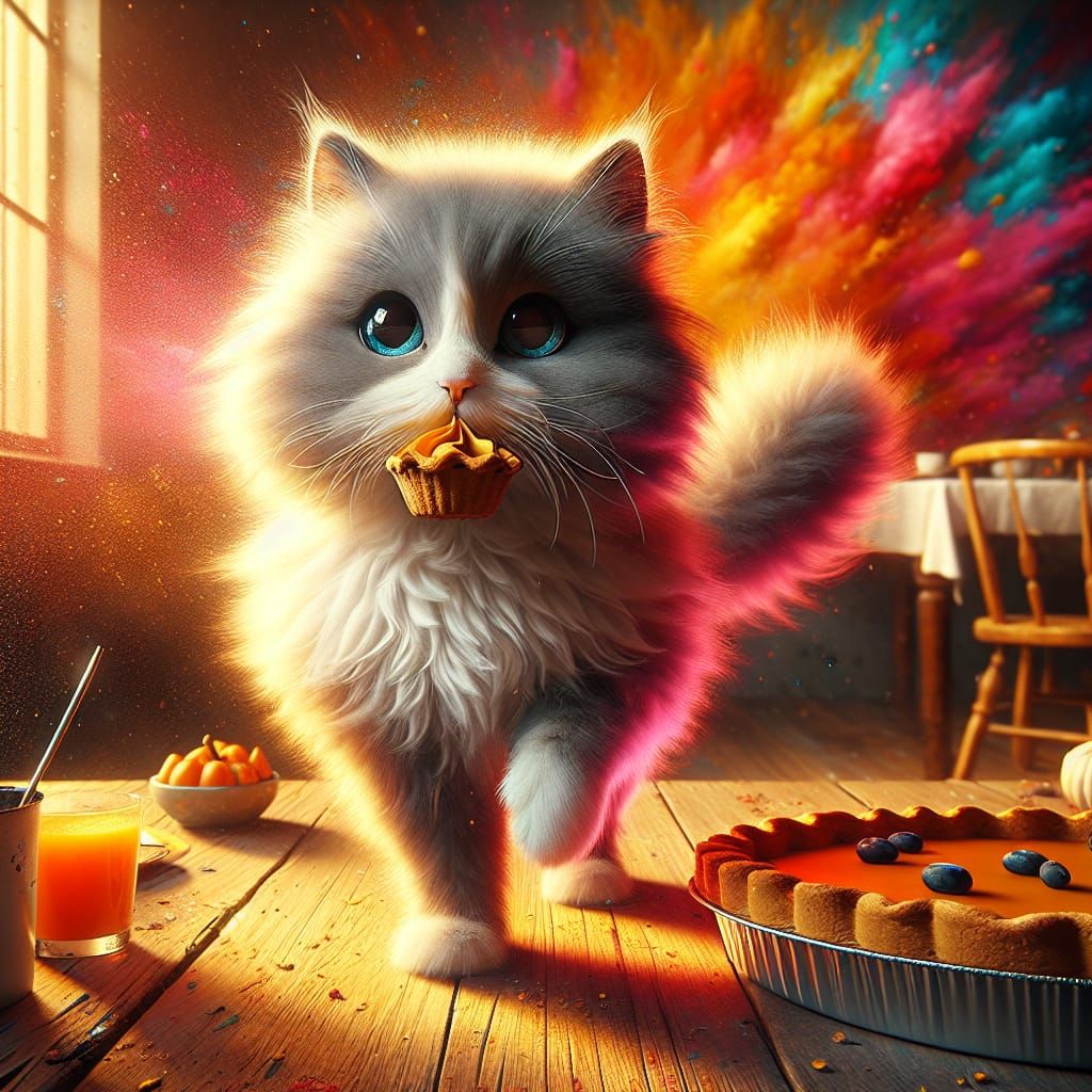 Fluffy Cat Enjoys Pumpkin Pie: Hyperrealistic Dining Scene