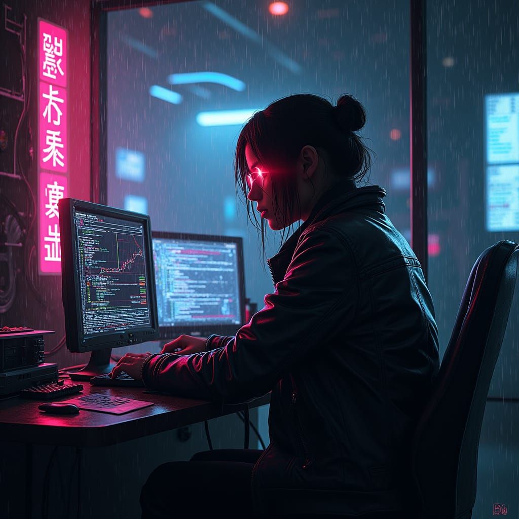 Cyberpunk Hacker in Neon Lab