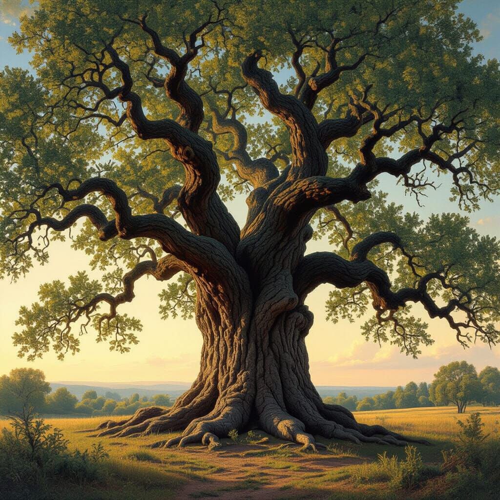 Ancient Oak Tree in Dramatic Late Afternoon Light