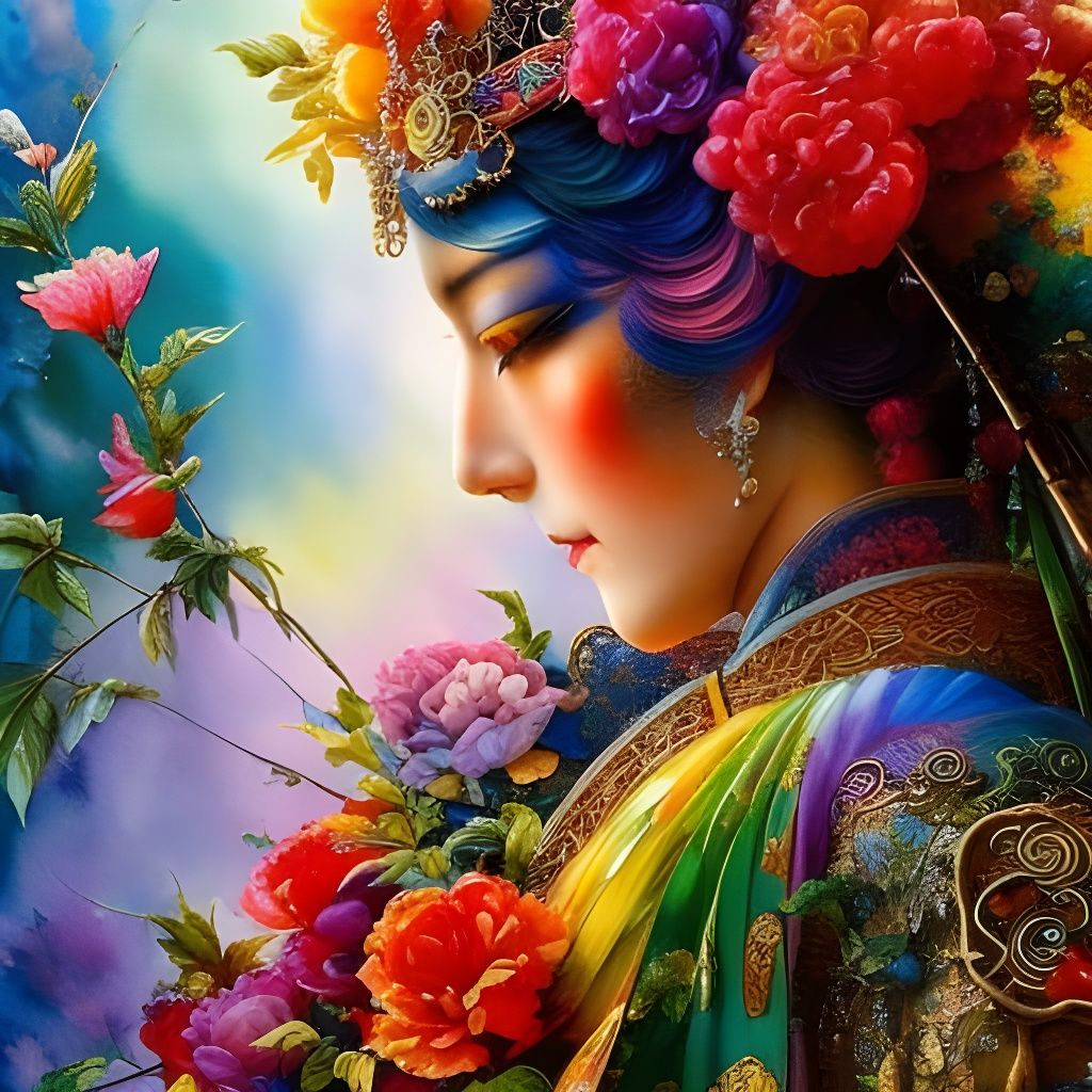 Watercolor Rainbow on Silk in Chinese Style