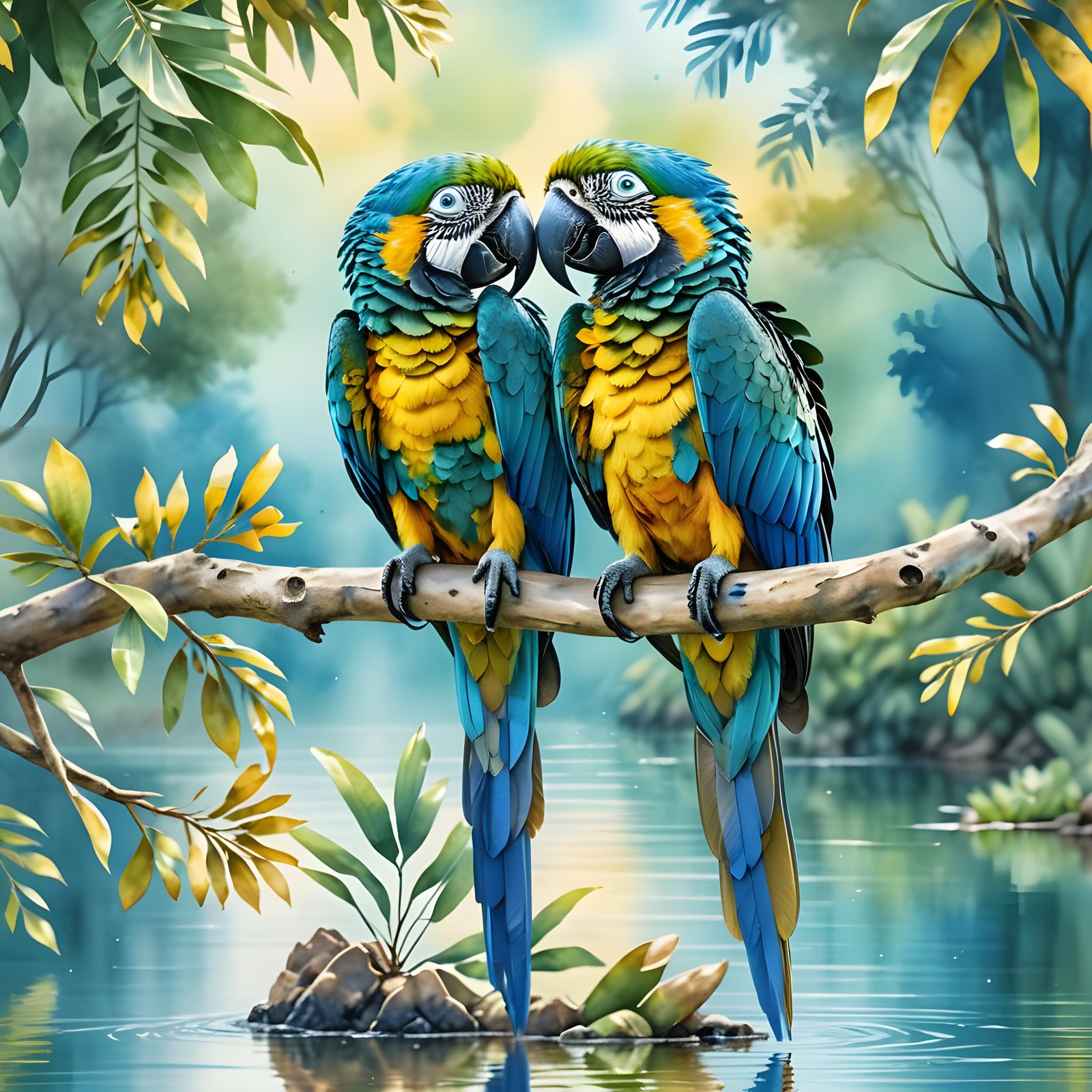 Macaws in Love: Hyperrealistic Watercolor Parrot Kiss