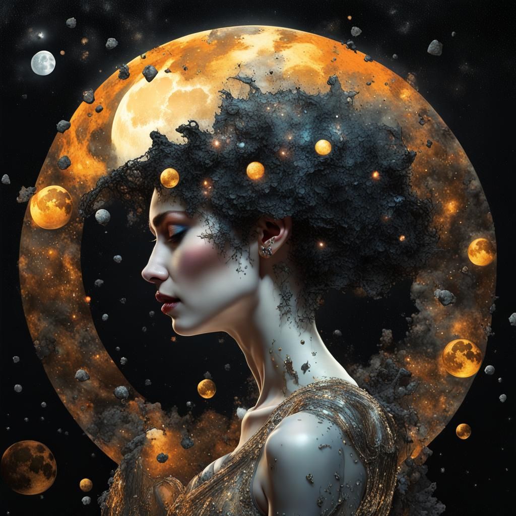 Full moon radiance silhuete Realistic Shattered images Galactica Queen Made out of a lava drops dancing in mirror reflec...