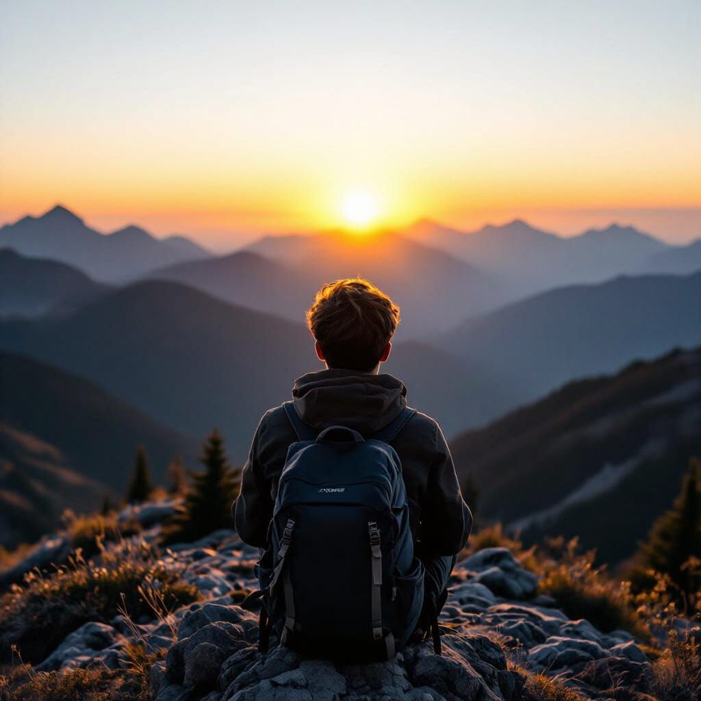 Man on Mountain Peak at Sunrise