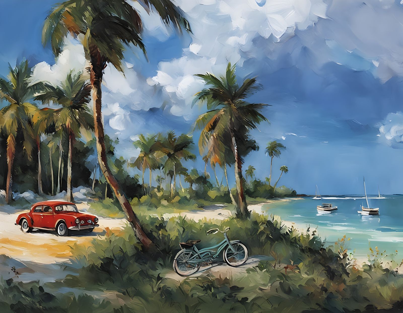 Impasto Water Scene in the Florida Keys with Bridge and Cycl...