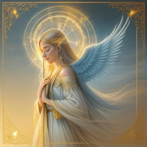 Angel Playing Lyre in Ethereal Oil Painting