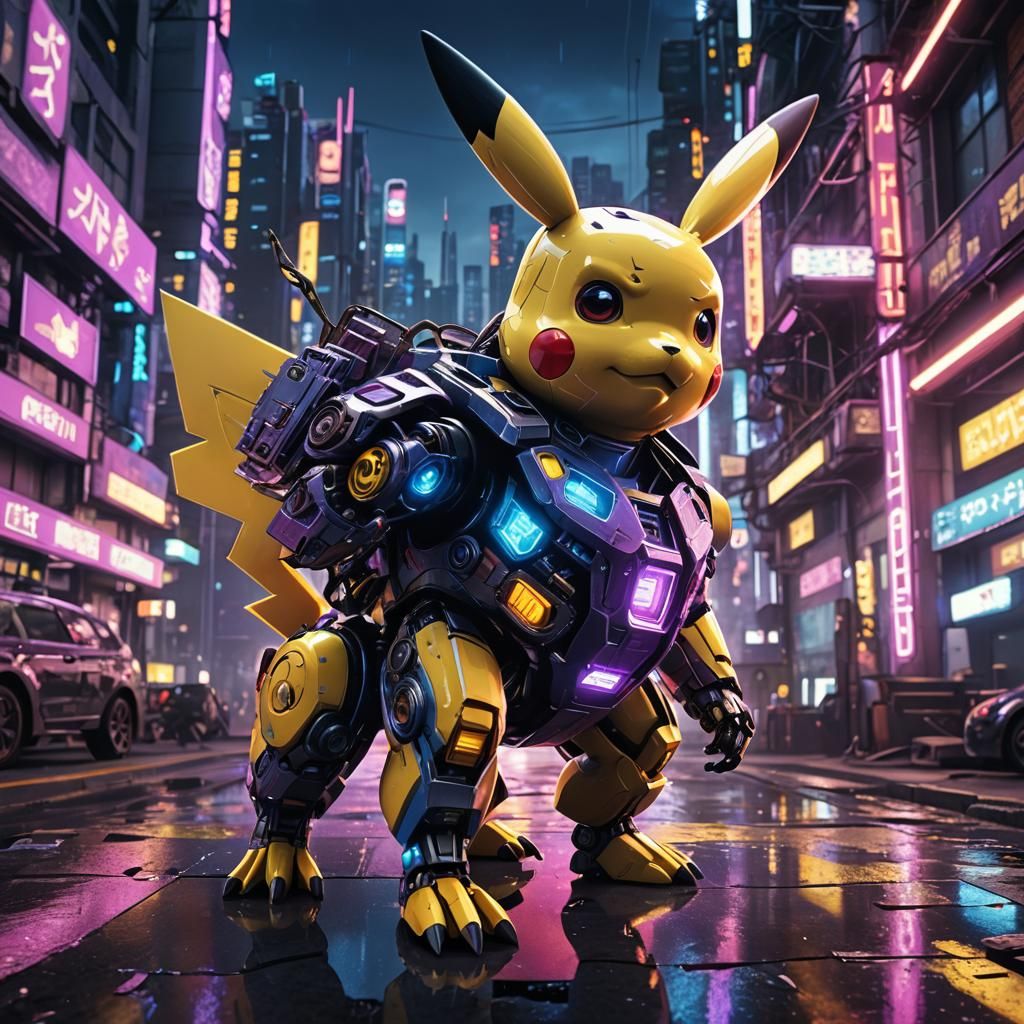 Futuristic Robotic Pikachu in Cyberpunk Cityscape