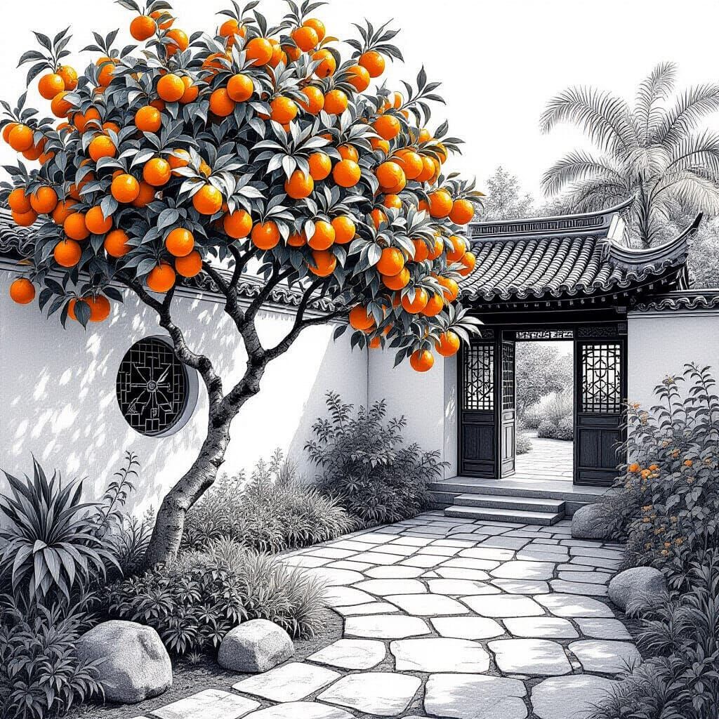 Oriental Garden: Orange Tree in Pencil Drawing