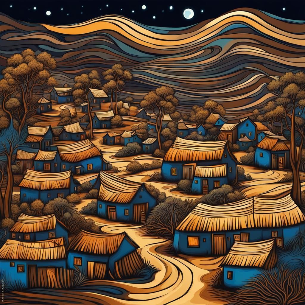 African Village Painting in Post-Impressionist Style
