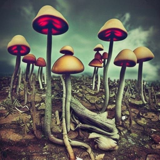 Surreal Psychedelic Mushrooms in Post-Apocalyptic Wasteland