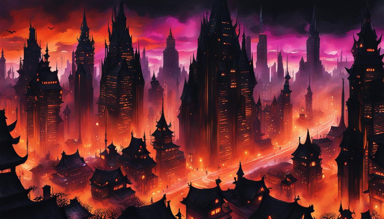 Spooky Halloween Town in Cyberpunk Watercolor Style