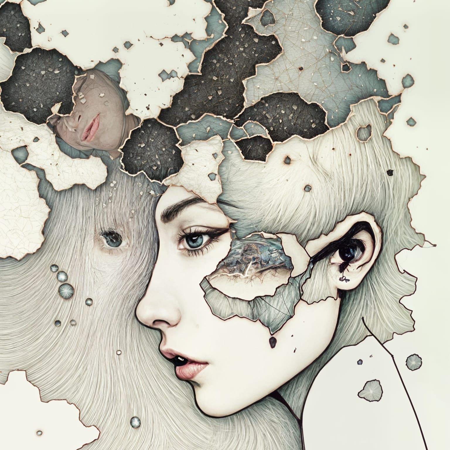 Contemplative Woman Portrait with Digital Glitch Art