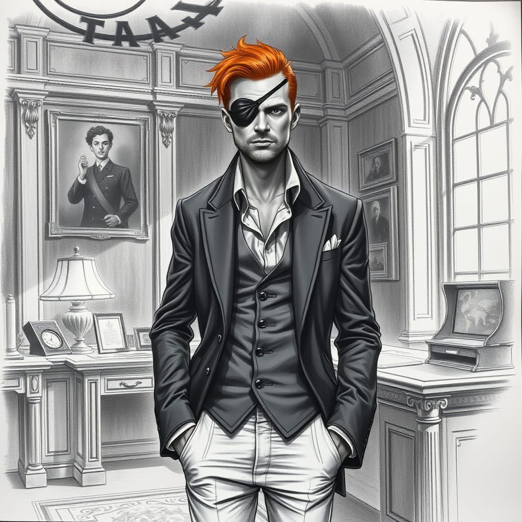 Man From Another Era with Red Hair and Leather Eye Patch
