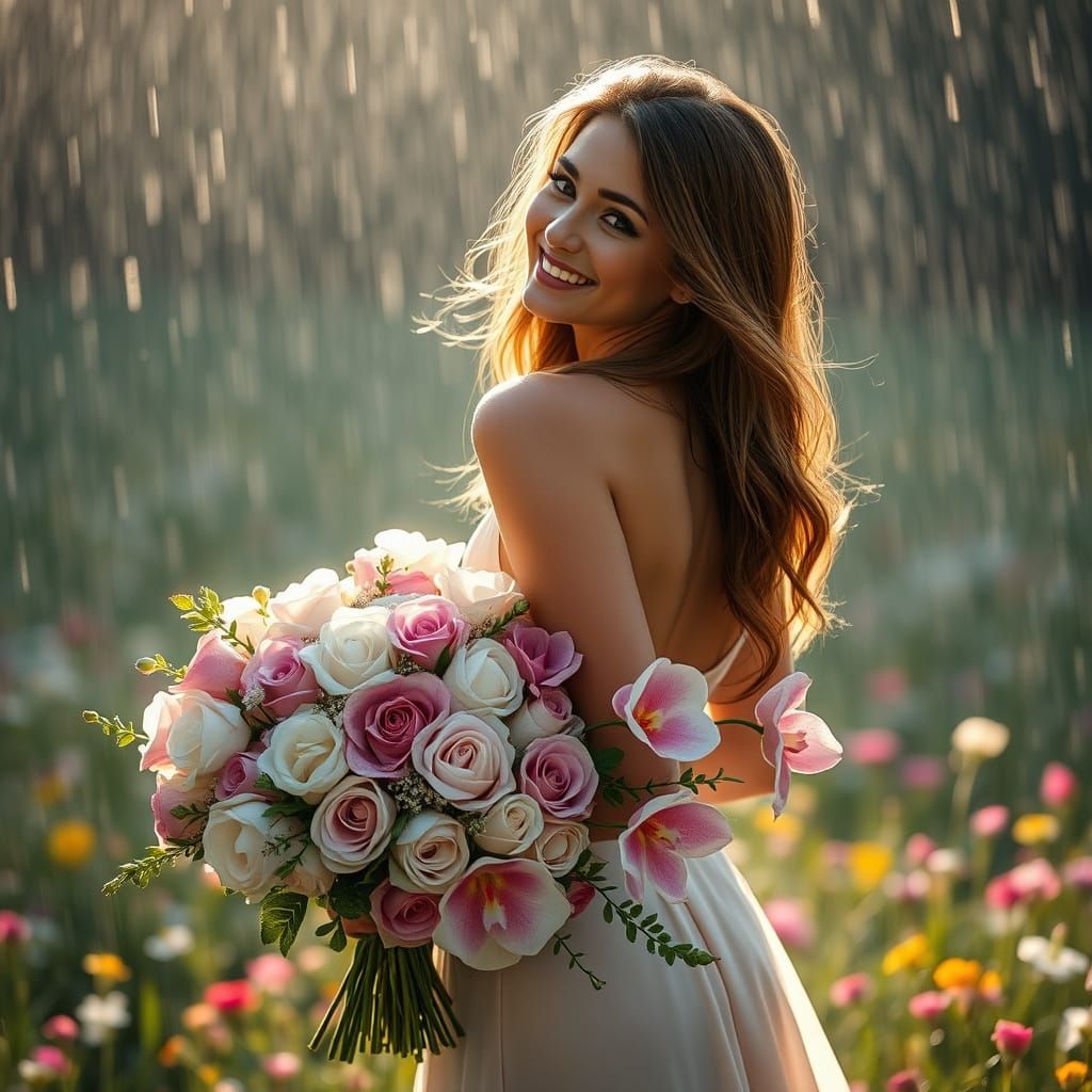 Woman Enjoys Summer Rain in Blooming Meadow