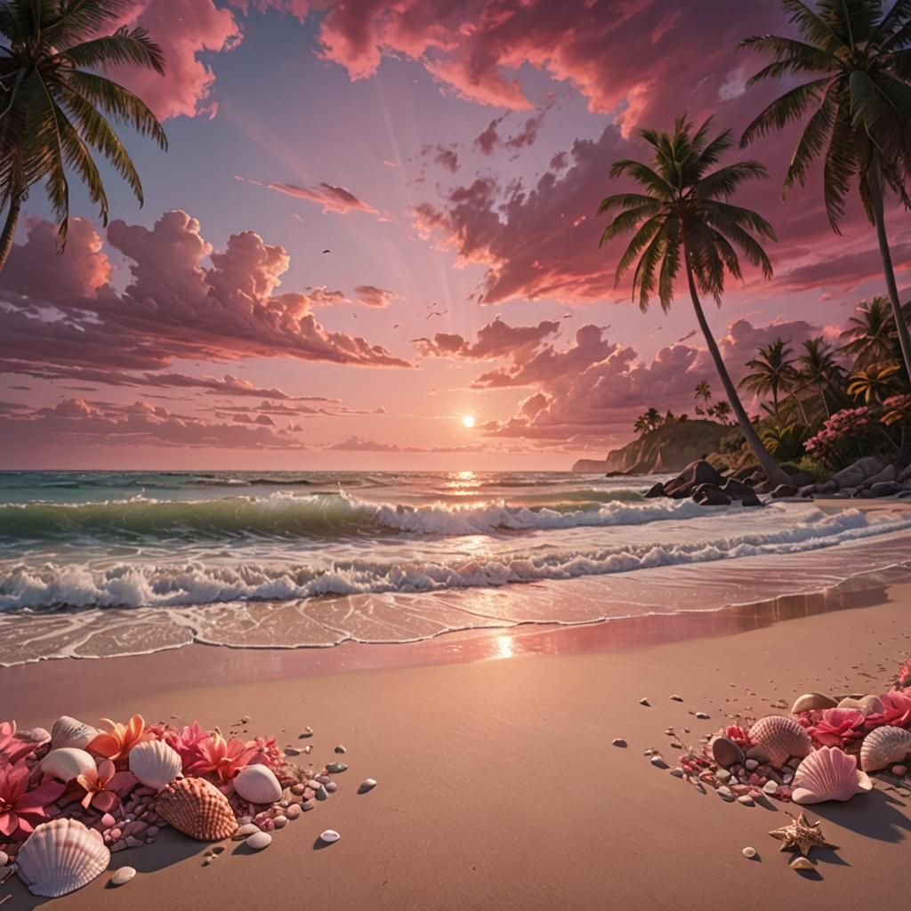 Tropical Sunset Beach with Pink Water, Detailed Matte Painti...