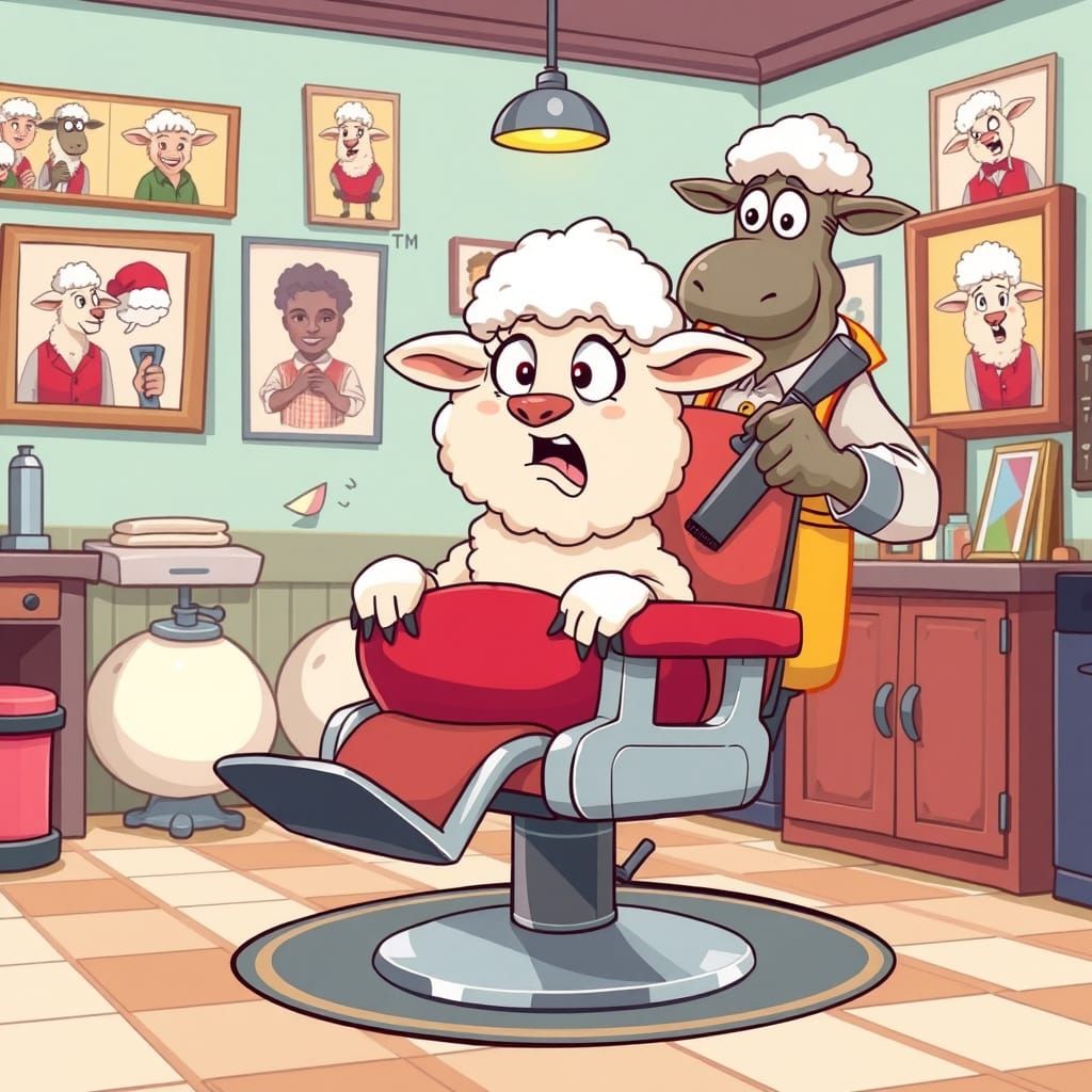 Alarmed Lamb's First Haircut in Cartoon Barbershop