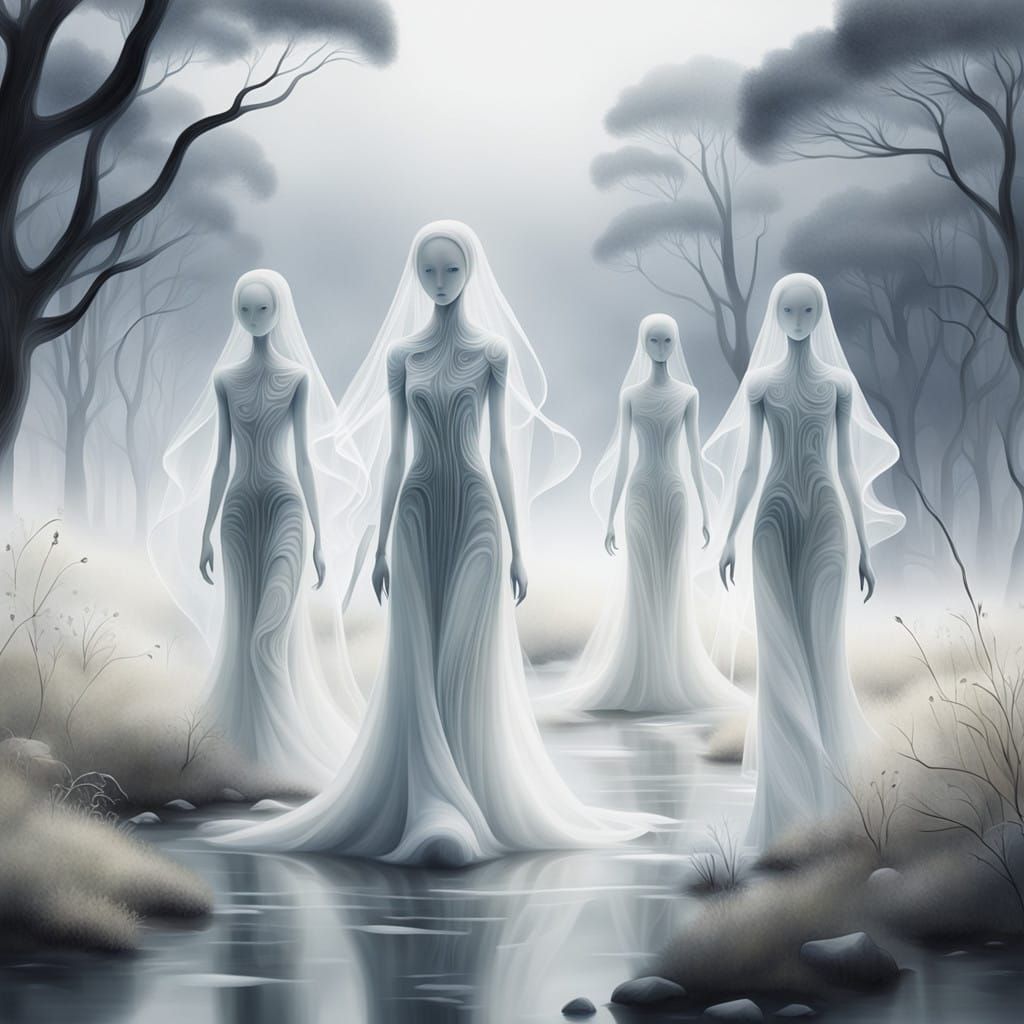 Ethereal Maidens in Misty Forest