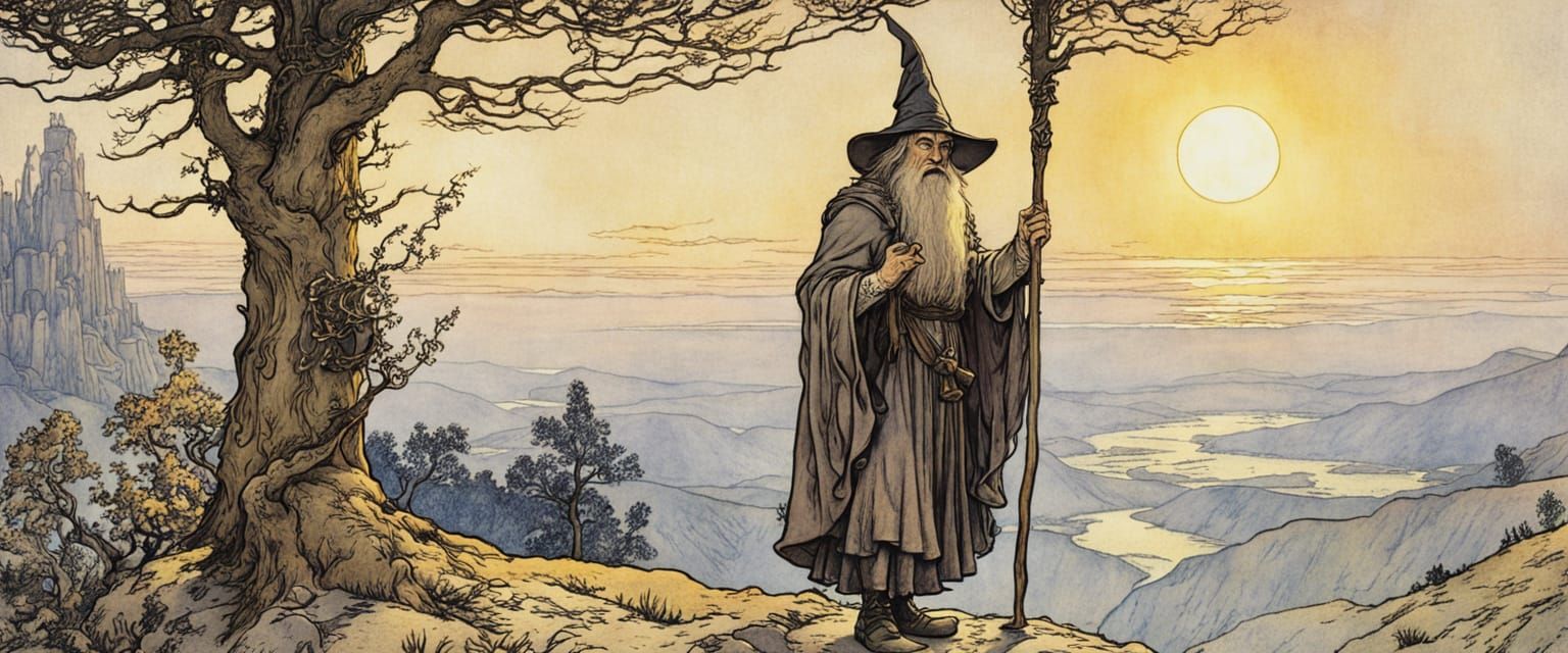 Wizard Illuminated by Sunlight in Arthur Rackham Style