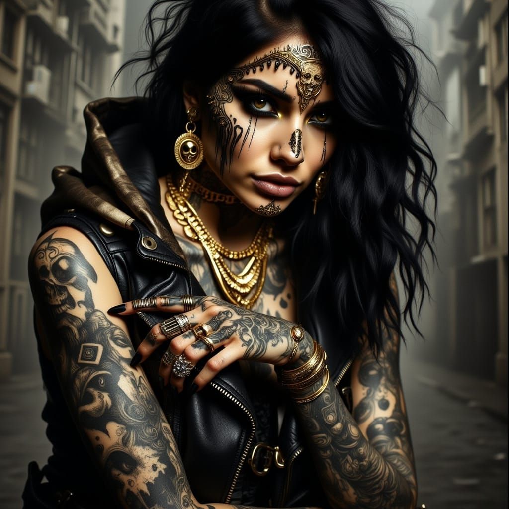 Edgy Chicano Woman with Tattoos and Gold Jewelry