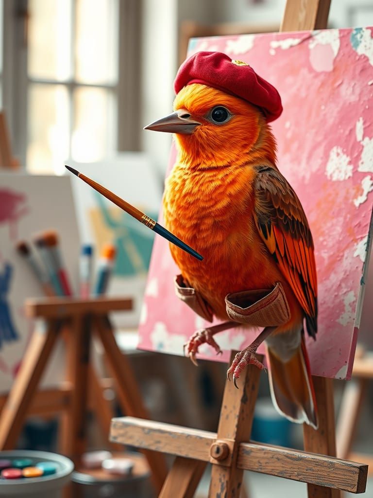 Orange Bird Creates Impressionist Painting in Studio