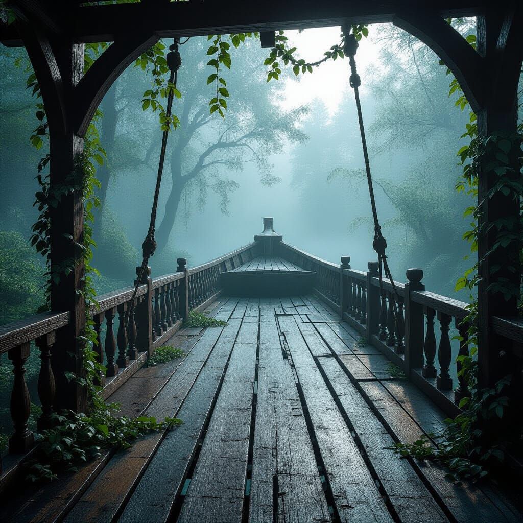 Ancient Ship Deck in Misty Forest