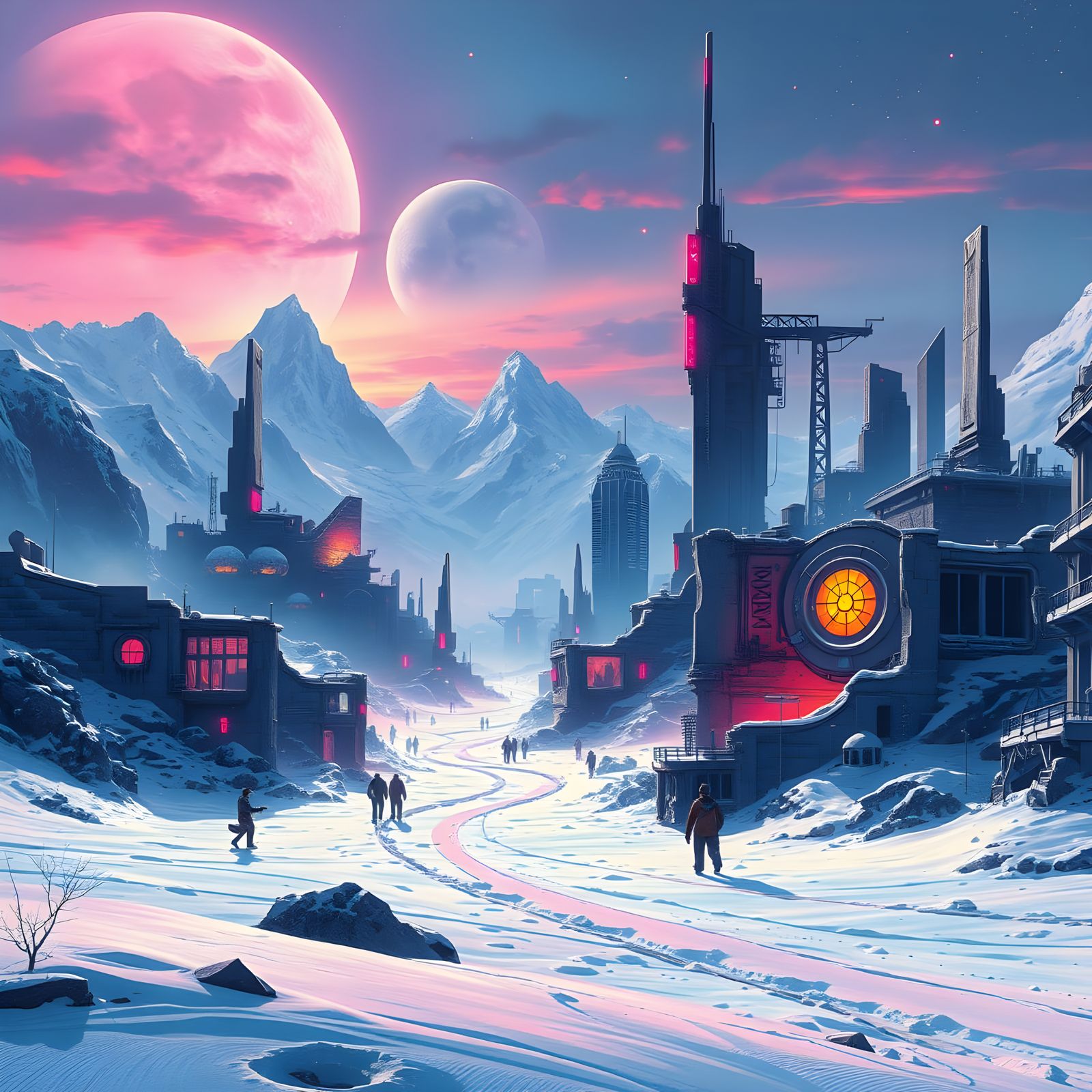 Epic Anime Landscape of Neon Stars in a Post-Apocalyptic Win...