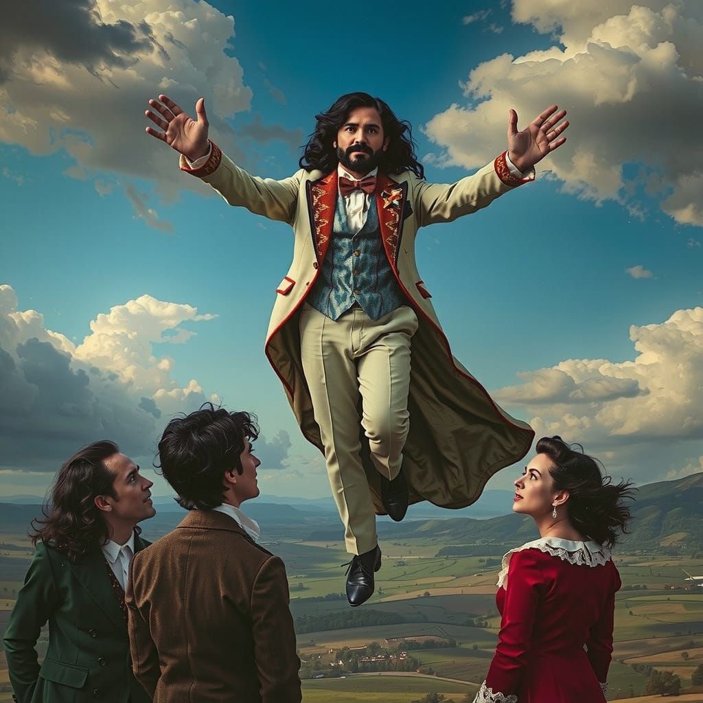 Victorian Gentleman Ascending in Dreamlike Scene