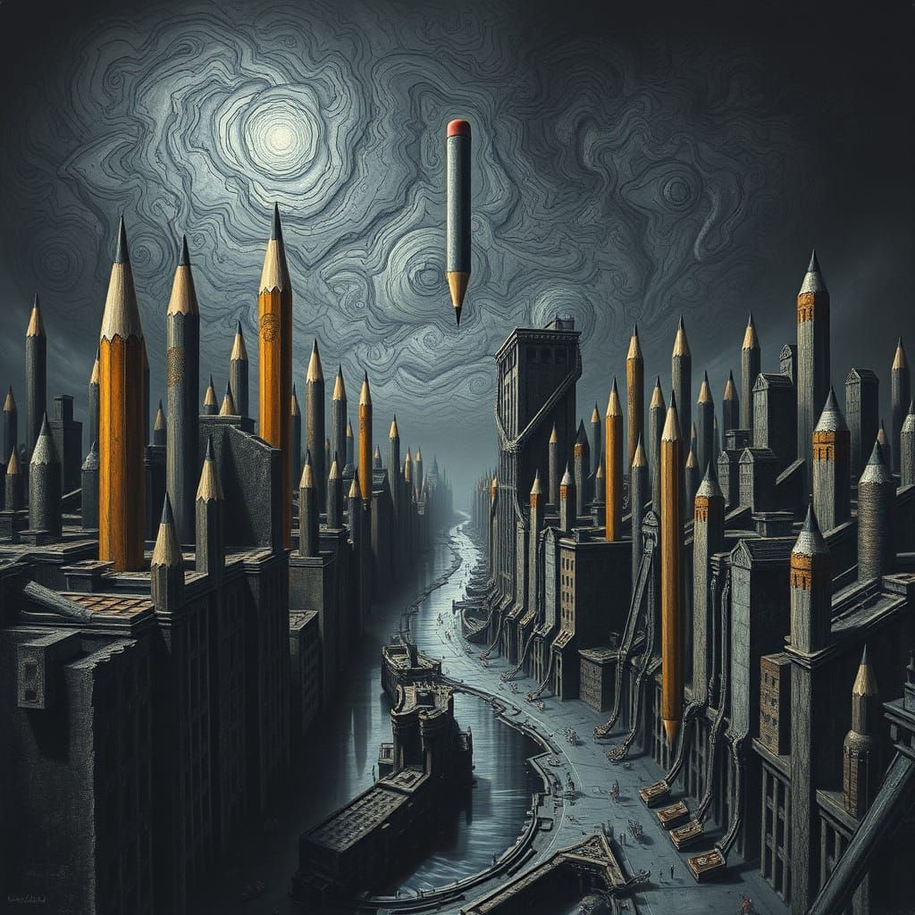 Surreal Pencil Cityscape with Ink Rivers