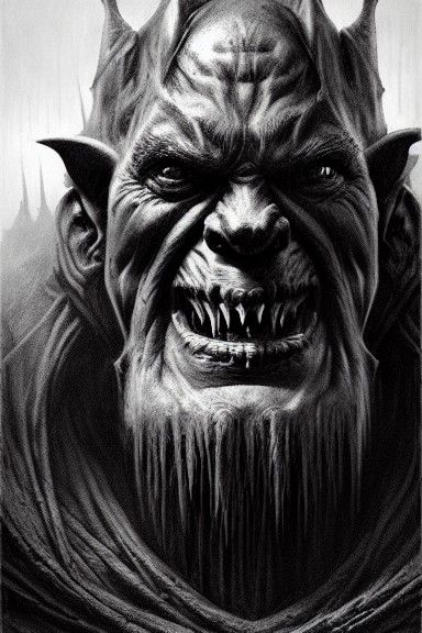 Hyperdetailed Orc King Goblin Portrait in Charcoal