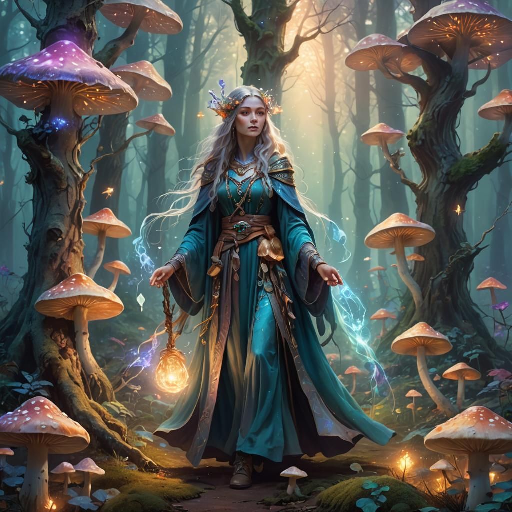 Mystical Forest Sorceress in Vibrant Fantasy Art